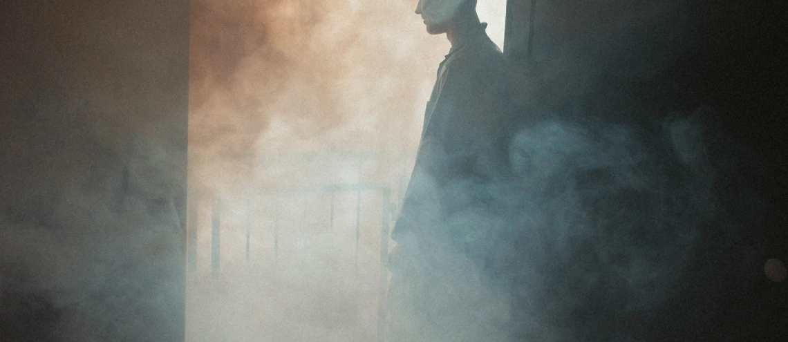 A person standing among smoke