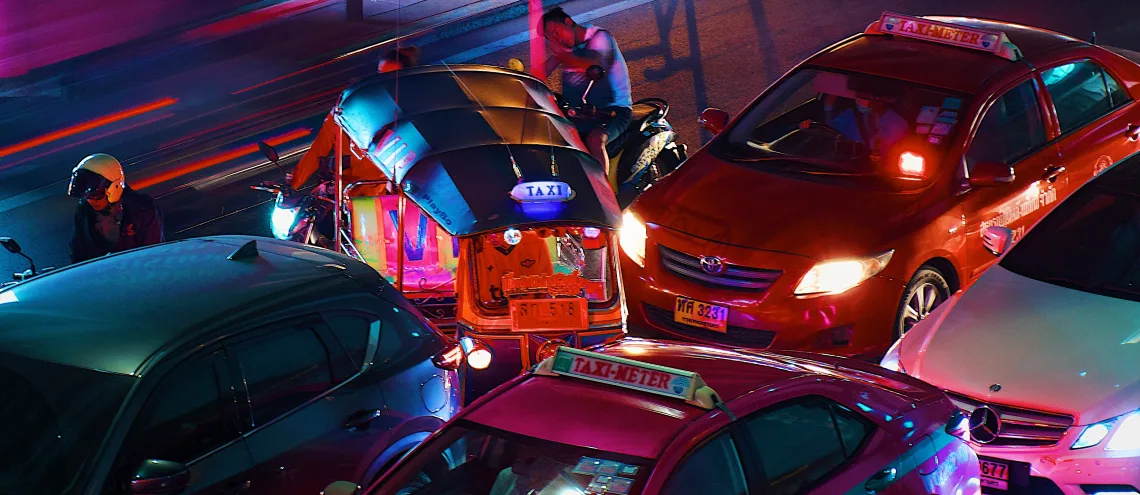 A traffic jam on Thailand's road at night