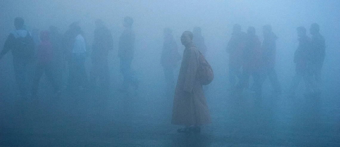People walking among smog